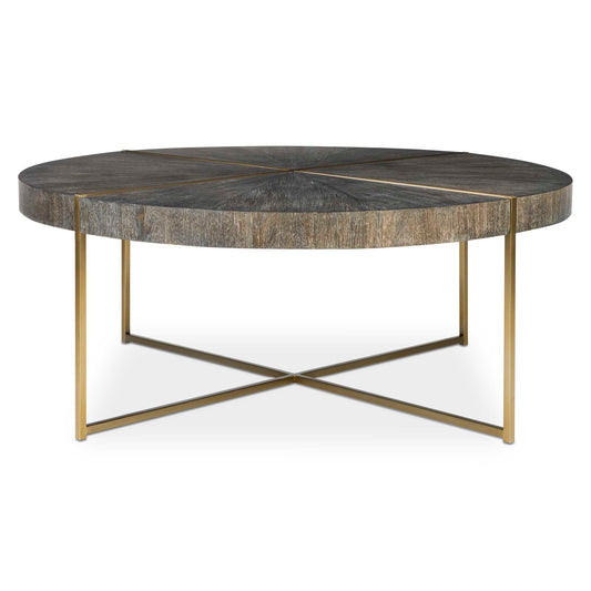 Contemporary In Style, This Coffee Table Features A Stainless Steel Framework Finished In A Brushed Brass With A Round Acacia Veneer Top In A Dark Walnut Stain Washed With A Light Gray Glaze.