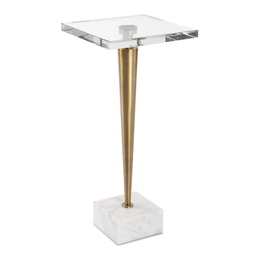 Showcasing Style And Sophistication, This Drink Table Features A Thick Crystal Top On A Tapered Stainless Steel Base Plated In Brushed Brass, Resting On A Natural White Marble Foot.