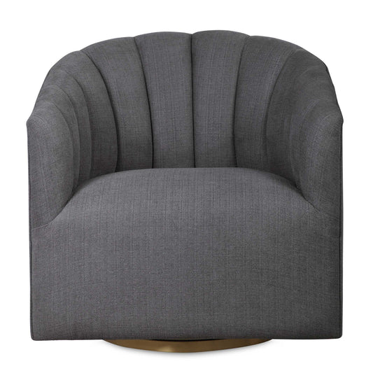 Modern Barrel Back Chair Is Covered In A Charcoal Gray Fabric With Deep Channel Tufting And Welt Trimmed Details. The Stainless Steel Swivel Base Is Finished In Brushed Brass.
