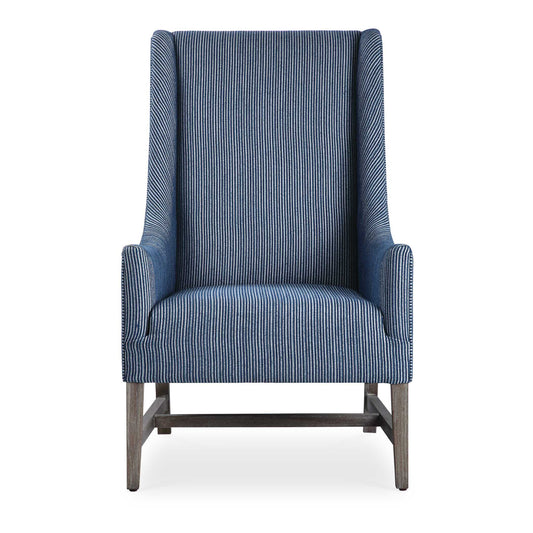Showcasing A Classic Wingback Style With A Coastal Feel, This Accent Chair Features A Blue And White Organically Striped Fabric, Resting On Naturally Finished Solid Wood Legs.