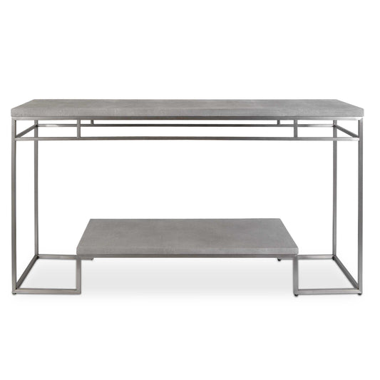 Known For Its Popularity During The Art Deco Period, Shagreen Has Made Its Resurgence As A Modern Home Decor Staple. This Console Features Faux Shagreen Embossed Surfaces In A Natural Light Gray Wash, Paired With A Modern, Stainless Steel Frame Finished In Brushed Nickel.