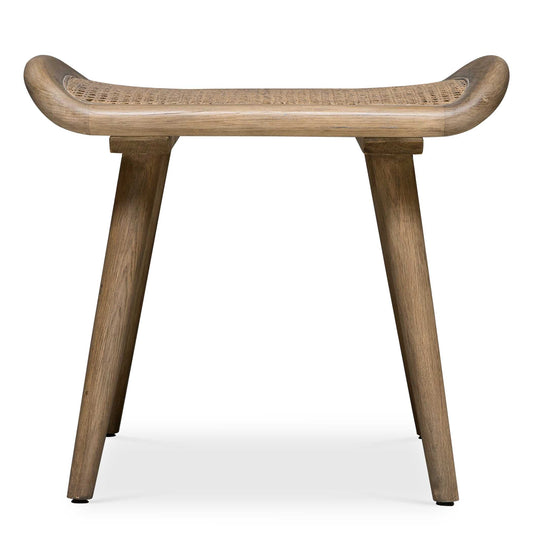 A Nod To Scandinavian Style, This Small Bench Features A Solid Oak Frame In A Dry Oak Finish With Tapered Legs And A Curved Seat, Showcasing A Woven Rattan Top.
