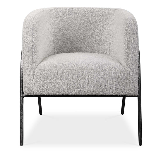 Inspired By Scandinavian Designs, This Barrel Back Style Chair Showcases Elegant Curved Lines With A Chiseled Iron Frame In A Natural Aged Black Iron Finish. A Casual Ivory And Warm Gray Boucle Fabric Accents This Modern Look.