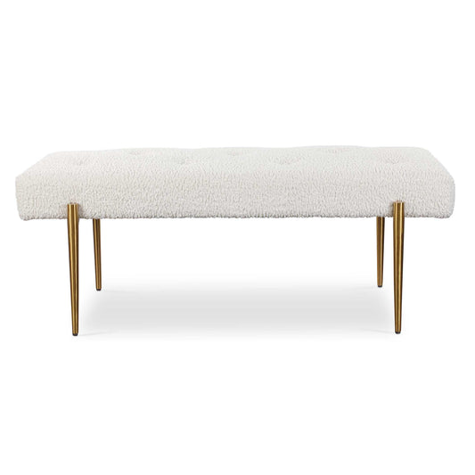 Expertly Tailored In White Faux Shearling, This Glamorous Accent Bench Features A Plush Button Tufted Seat, Atop Four Tapered Stainless Steel Legs Finished In Antique Brushed Brass.