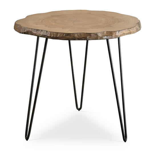 Influenced By Modern Lodge Style, This Side Table Features A Cross Cut Veneered Wood Slab Top With Live Edge Details Paired With A Simple Iron Hairpin Base Finished In Aged Black.
