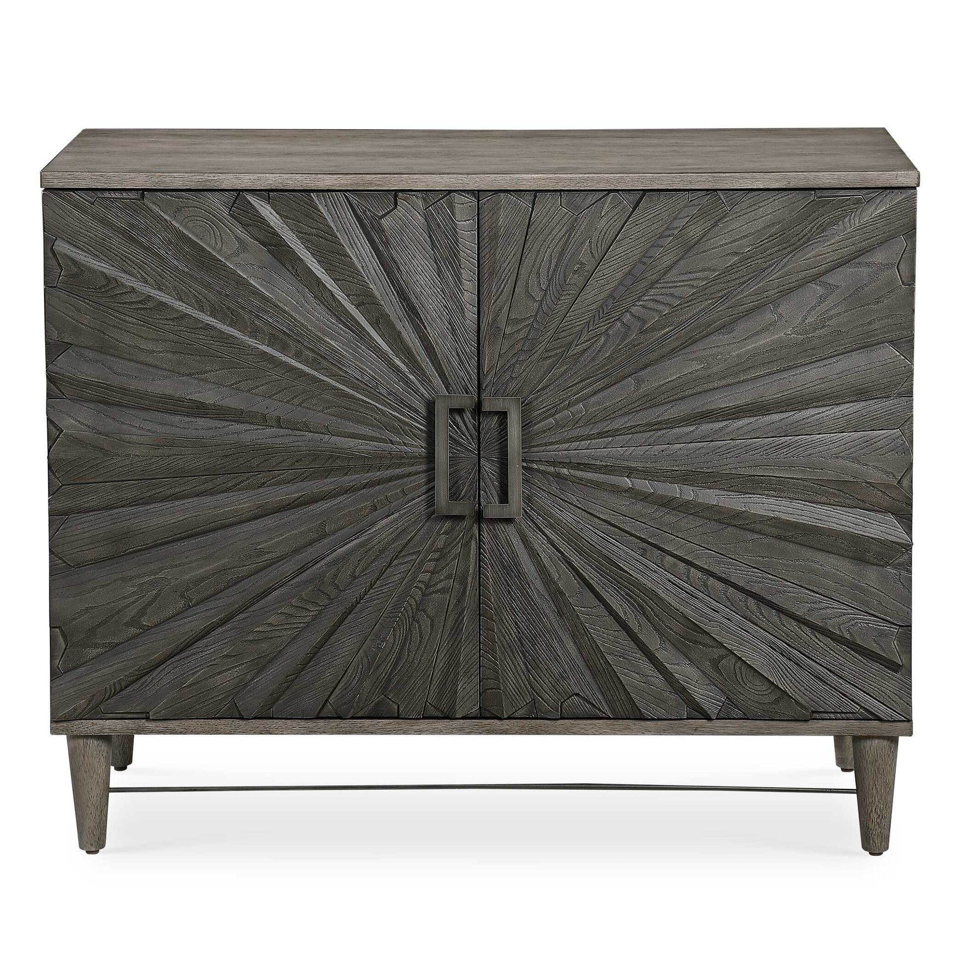 Inspired By Global Bohemian Style, This Two Door Cabinet Features A Striking 3-dimensional Starburst Design, Finished In A Dark Ebony Oak Veneer. The Contrasting Solid Wood Case Is Finished In A Gray Oak Stain, Accented By Steel Hardware And Accent Stretcher Finished In Aged Gunmetal. The Pair Of Soft Close Doors Open To Reveal Two Sections Each With Two Adjustable Shelves And Wire Management.