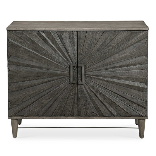 Inspired By Global Bohemian Style, This Two Door Cabinet Features A Striking 3-dimensional Starburst Design, Finished In A Dark Ebony Oak Veneer. The Contrasting Solid Wood Case Is Finished In A Gray Oak Stain, Accented By Steel Hardware And Accent Stretcher Finished In Aged Gunmetal. The Pair Of Soft Close Doors Open To Reveal Two Sections Each With Two Adjustable Shelves And Wire Management.