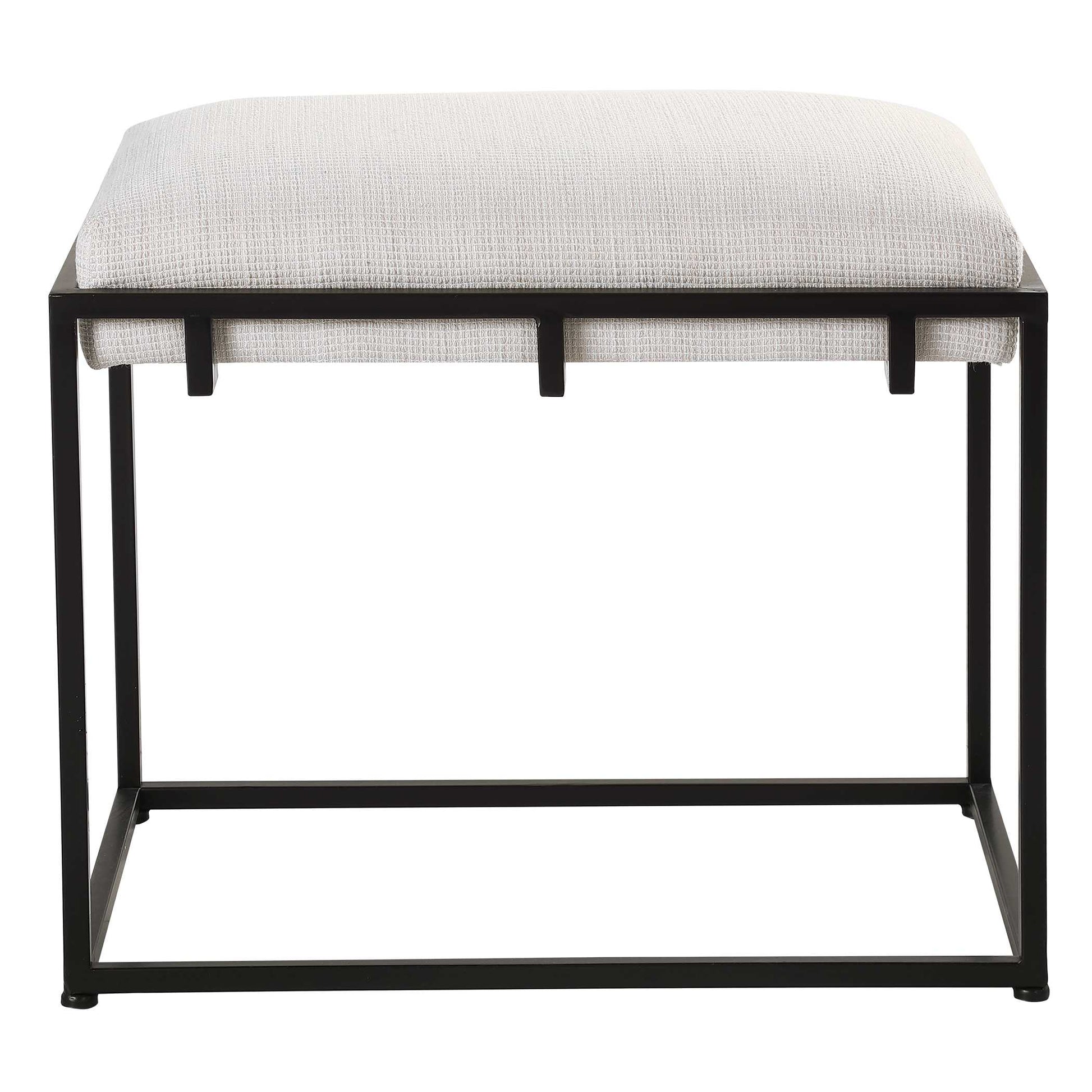 A Classic And Sophisticated Color Combination, This Bench Features A Sleek Matte Black Iron Frame And Is Paired With A Plush Upholstered Seat In A Crisp White Waffle Textured Polyester.