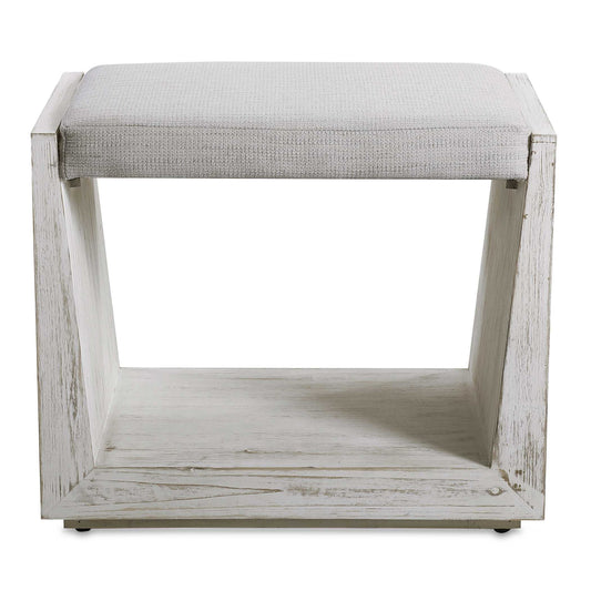 Embodying A Fresh And Airy Feel, This Coastal Inspired Bench Features A Suspended Seat In An Off-white Waffle Weave Polyester Blend Fabric, Doubling As A Seat Or Footrest. The Solid Wood Base Is Finished In A Rustic Warm Whitewashed Finish With Noticeable Rub-through And Wood Grain Details.