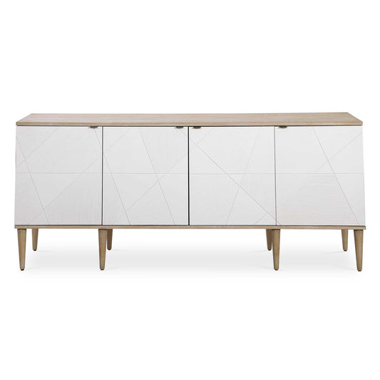Crisp And Modern, This Stylish Four Door Cabinet Is The Perfect Sideboard, Media Unit, Or Console Cabinet. The Elm Veneer Case Creates A Light And Airy Feel With A Natural Oak Ceruse Finish. Accented By Geometrically Textured Doors Atop Sleek Tapered Legs, Adding A Subtle Mid-century Feel. Each Soft Close Door Has An Aged Steel Tab And Opens To A Compartment With One Adjustable Shelf Complete With Wire Management.