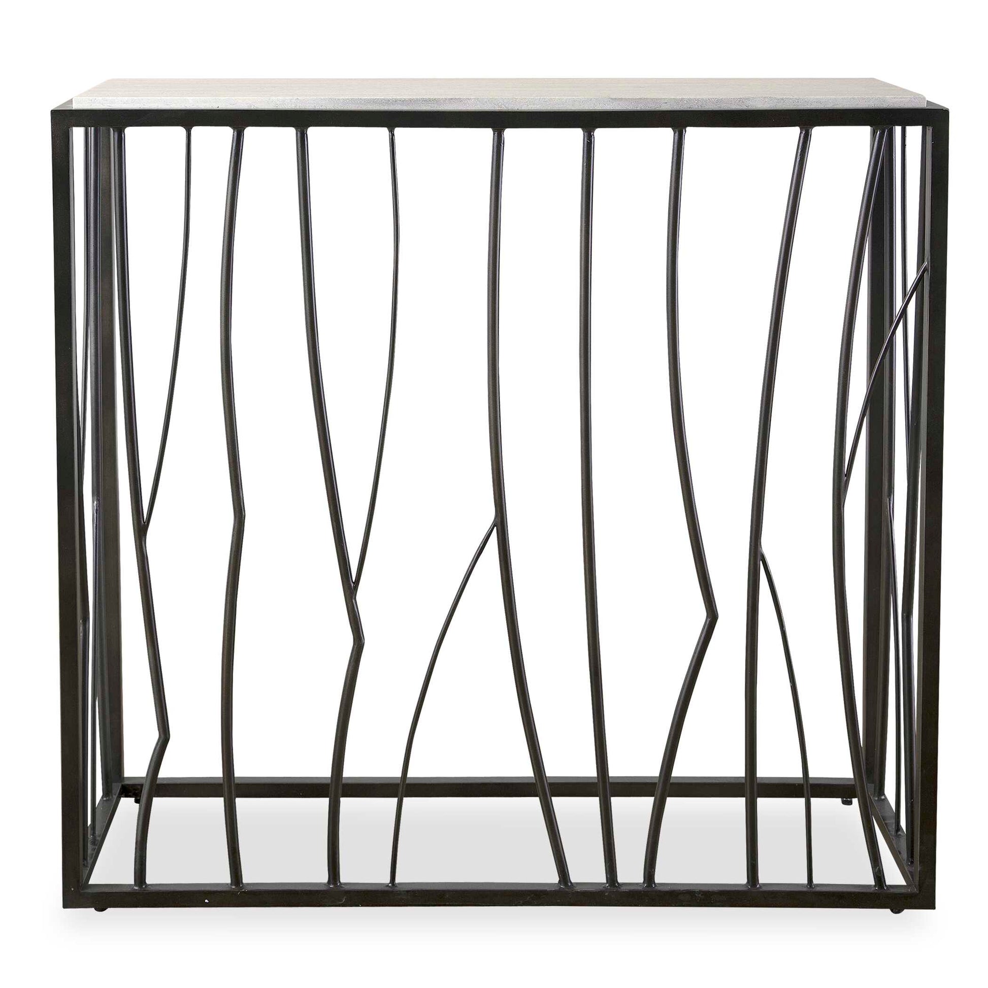Inspired By Natural Landscapes, This Console Table Features An Asymmetrically Designed Metal Base Finished In Dark Iron Paired With A Natural Tan Travertine Top. True To The Nature Of Natural Materials, Each Piece Will Have Unique Marbling And Veining Throughout.