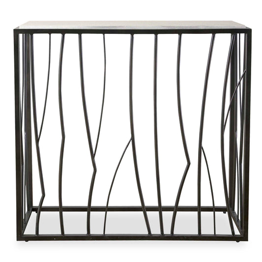 Inspired By Natural Landscapes, This Console Table Features An Asymmetrically Designed Metal Base Finished In Dark Iron Paired With A Natural Tan Travertine Top. True To The Nature Of Natural Materials, Each Piece Will Have Unique Marbling And Veining Throughout.