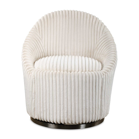 A Blend Of Contemporary And Feminine Styles, This Chair Is Upholstered In A Luxurious Fluted Ivory Chenille Fabric And Is Accented By A Stainless Steel Swivel Base Finished In Brushed Black Nickel.