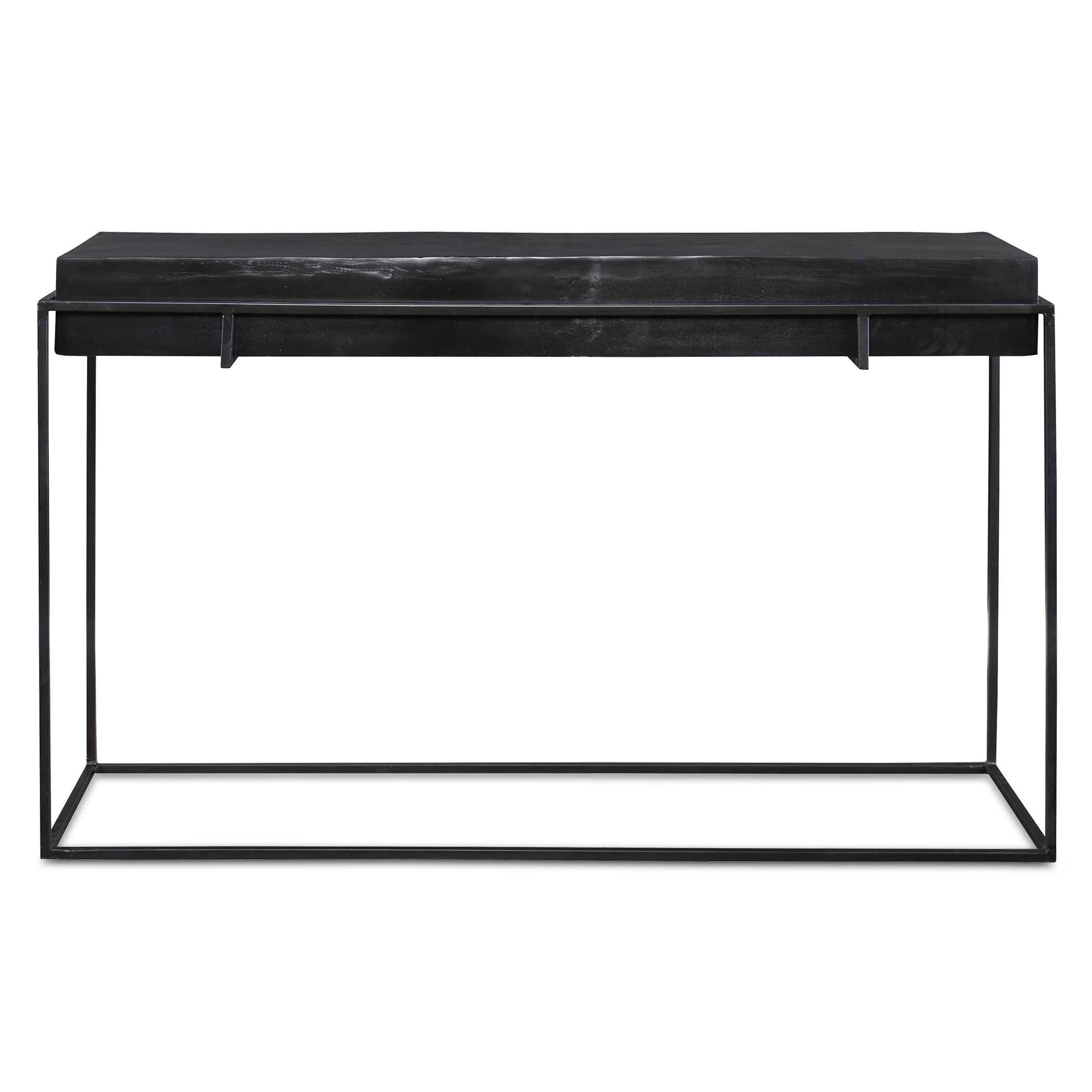 With Modern Minimalist Styling, This Console Table Features A Thick Cast Aluminum Top With Natural Texturing Finished In A Plated Antique Black, Resting In A Coordinating Aged Black Iron Base.