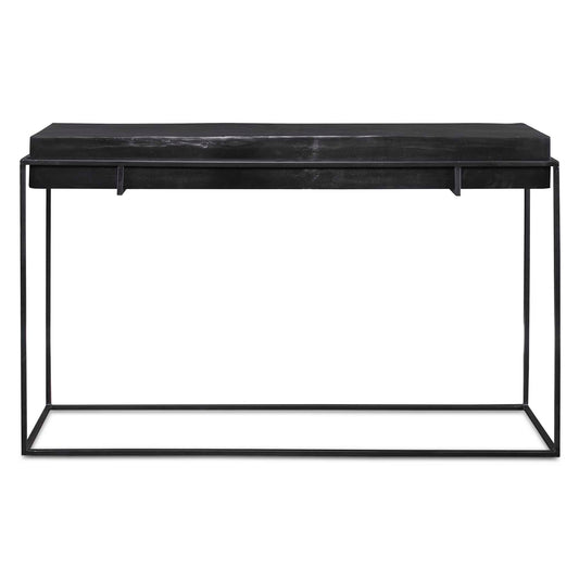 With Modern Minimalist Styling, This Console Table Features A Thick Cast Aluminum Top With Natural Texturing Finished In A Plated Antique Black, Resting In A Coordinating Aged Black Iron Base.