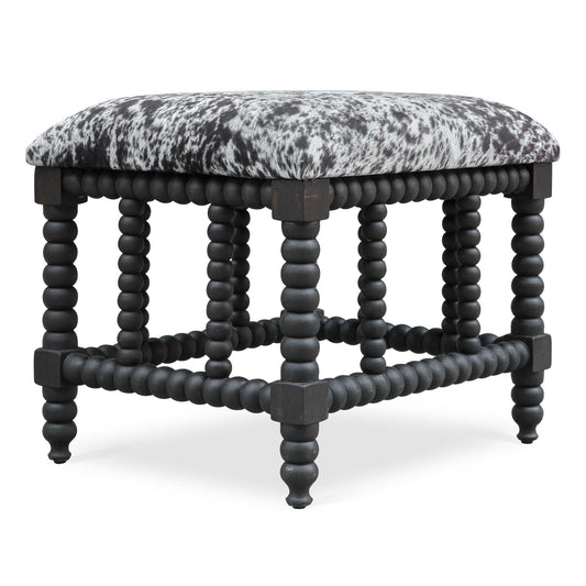 Ranch And Modern Lodge Styles Converge To Create This Plush, Upholstered Bench. The Cushioned Seat Is Wrapped In A Charcoal Gray And White Faux Cow Hide, Accented By A Matte Black Stained Base Turned From Solid Plantation-grown Mahogany Wood.