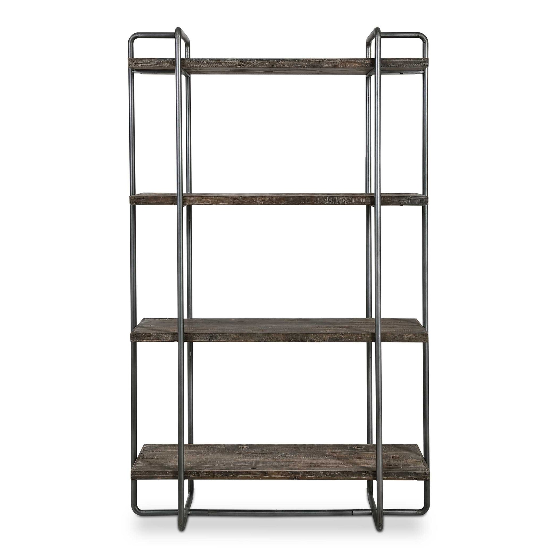 Exhibiting An Urban Industrial Feel, This Etagere Features A Steel Frame Finished In Dark Brushed Pewter. The Four Floating Shelves Are Constructed From Recycled, Reclaimed Boat Wood Collected From Old Chinese Fishing Vessels. This Statement Piece Showcases Years Of Use With Natural Wood Grain Texture That Has Subtle Hints Of Color. Solid Wood Will Continue To Move With Temperature And Humidity Changes, Which Can Result In Cracks And Uneven Surfaces, Adding To Its Authenticity And Character.