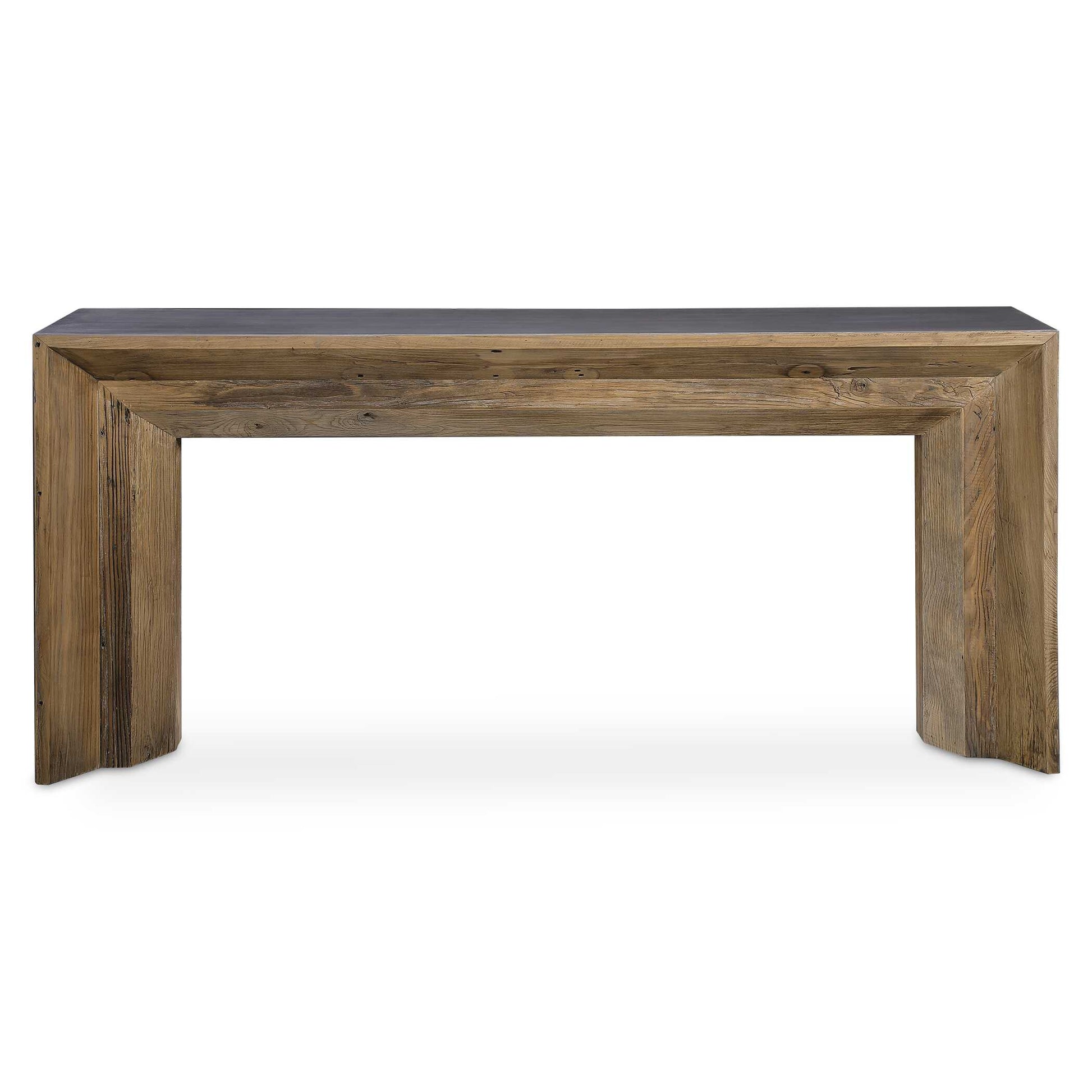 Catering To Masculine And Rustic Styles, This Console Features Natural Reclaimed Elm Wood Accented By A Gray Layered Concrete Surface. Solid Wood Will Continue To Move With Temperature And Humidity Changes, Which Can Result In Cracks And Uneven Surfaces, Adding To Its Authenticity And Character. Natural Concrete Will Showcase Variations In Texture And Finish.
