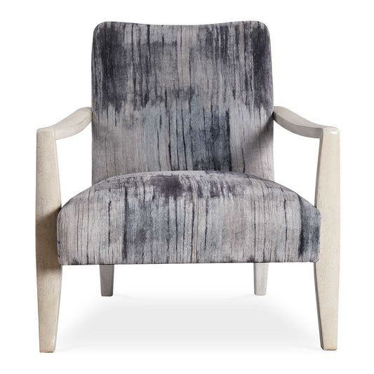 Reminiscent Of Tie Dye, This Statement Accent Chair Features A Unique Abstract Charcoal, Gray And Blue Chenille Fabric With A Gently Curved Exposed Solid Wood Frame In A Natural Off-white Finish.
