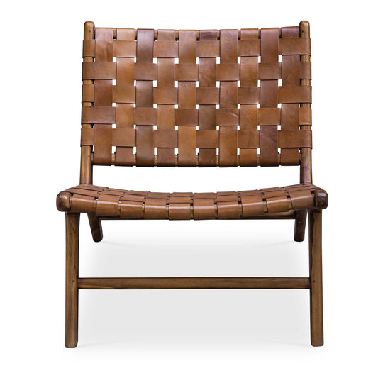 A Staple Mid-century Modern Design, This Stylish Accent Chair Features A Basket Weave Of Cognac Leather Straps Accented By A Naturally Finished Solid Teak Wood Frame.