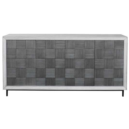 The Perfect Storage Cabinet Or The Focal Point Of Your Room, This Four Door Cabinet Is Constructed From Mahogany Wood In A Whitewashed Finish With Light Gray Distressing. Each Door Features A Reeded Tile Design In A Striking Pewter Gray Tone, With Matte Black Metal Legs. Both Right And Left Sides Open To Reveal One Adjustable Shelf.