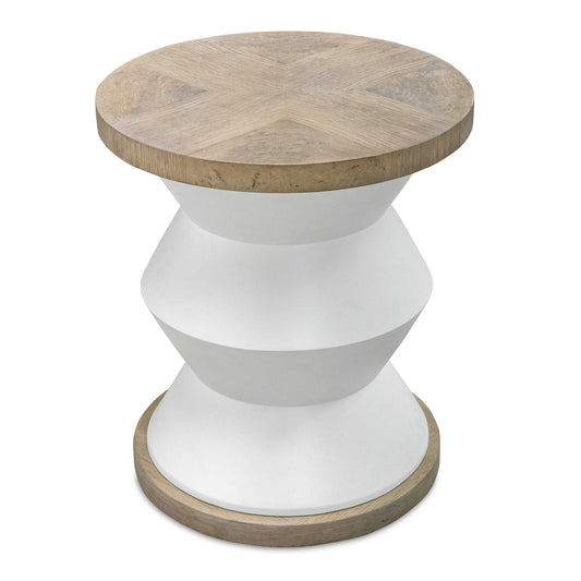 This Modern Side Table Showcases A Geometric Base Finished In Matte White. The Top Features A Light Honey Toned Stain Over An Oak Veneer Marquetry Pattern, With Burl Accents.