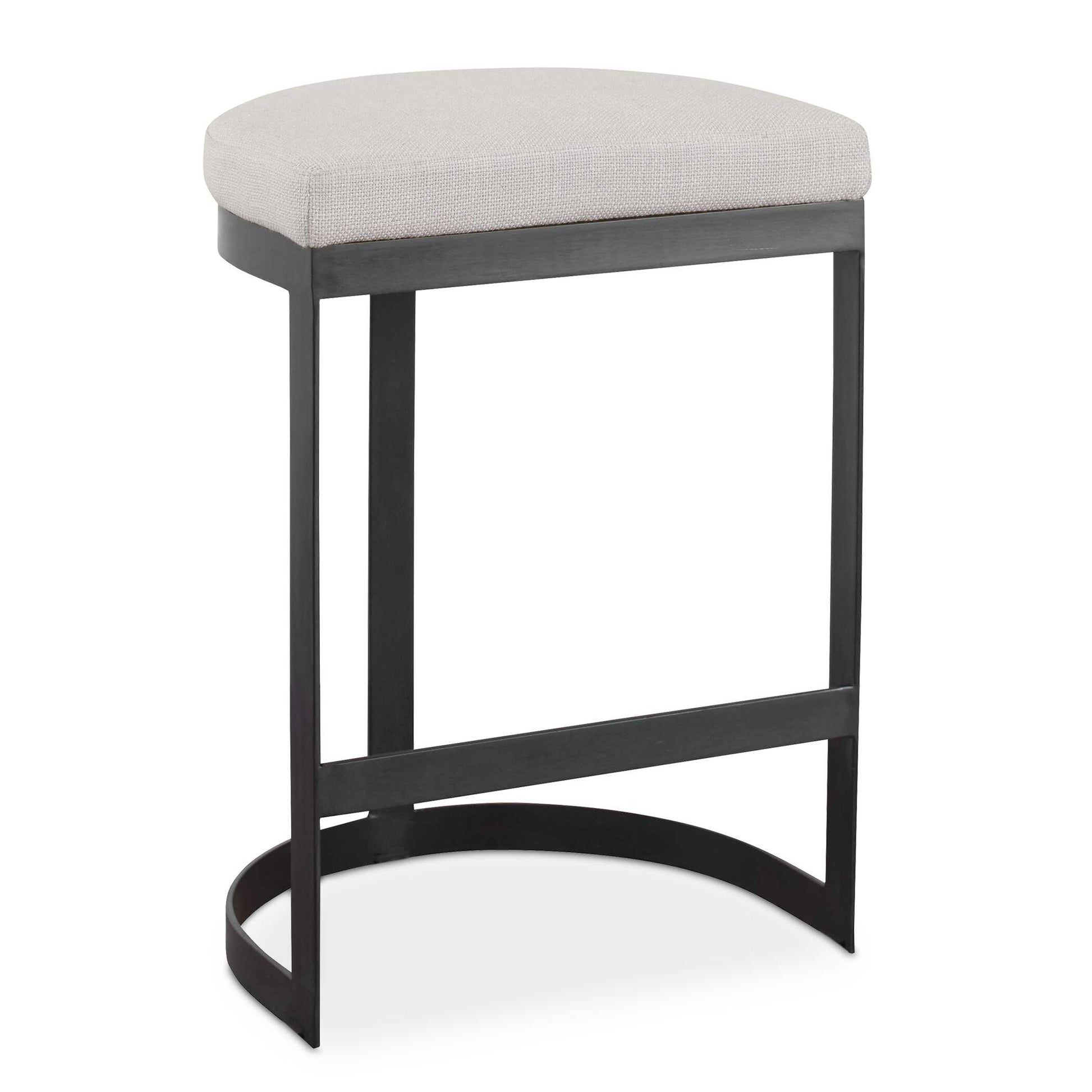 Simplistic But Sturdy, This Statement Counter Stool Features A Thick Hand Forged Iron Base Finished In Matte Black. Plush Seat Is Tailored In A Beige Linen Blend Fabric With Added Performance Treatment To Resist Soiling And Stains.