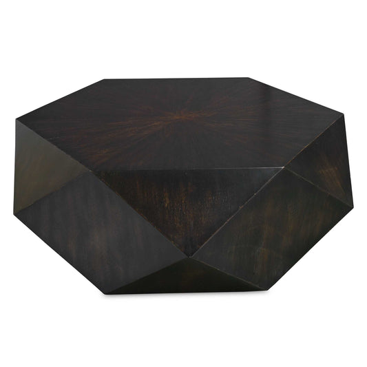 This Unique Geometric Table Features A Low Profile, Perfect For Viewing The Sunburst Top In Mango Veneer With A Worn Black Finish With Natural Distressing, Rubbed To Reveal Honey Undertones.