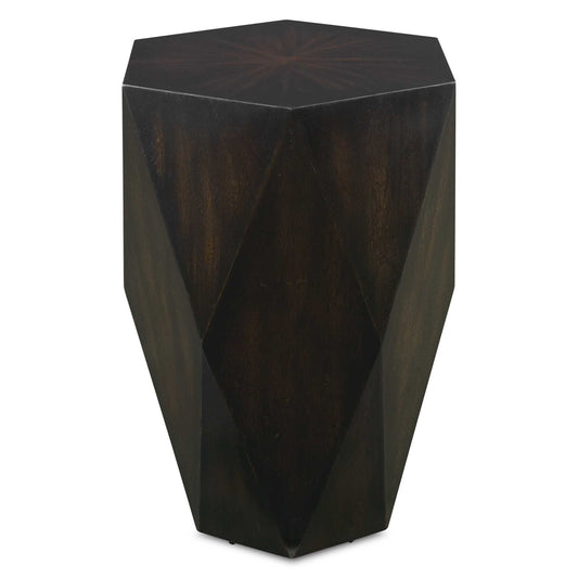 This Unique Geometric Table Features A Sunburst Top In Mango Veneer With A Worn Black Finish With Natural Distressing, Rubbed To Reveal Honey Undertones.
