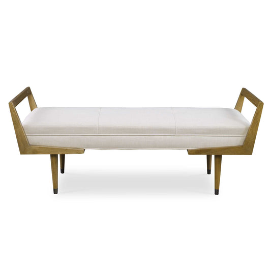 A Bench For Extra Seating With A Mid-century Twist In Its Modern Birch Wood Frame Lightly Finished In A Smooth Oak Finish, With A Tufted Bench Seat In A Woven Beige Fabric.