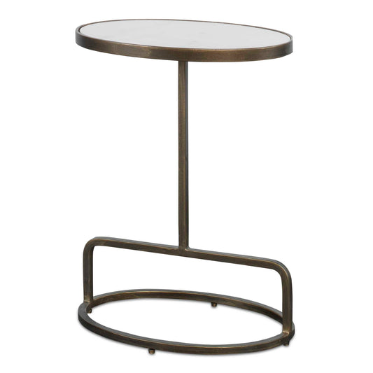 Showcasing A Clean-lined Design, This Accent Table Features An Inset Oval-shaped Honed White Marble Top, Supported With A Hand Forged Iron Base Finished In Antiqued Brushed Gold. True To The Nature Of Natural Materials, Each Piece Will Have Unique Marbling And Veining Throughout.