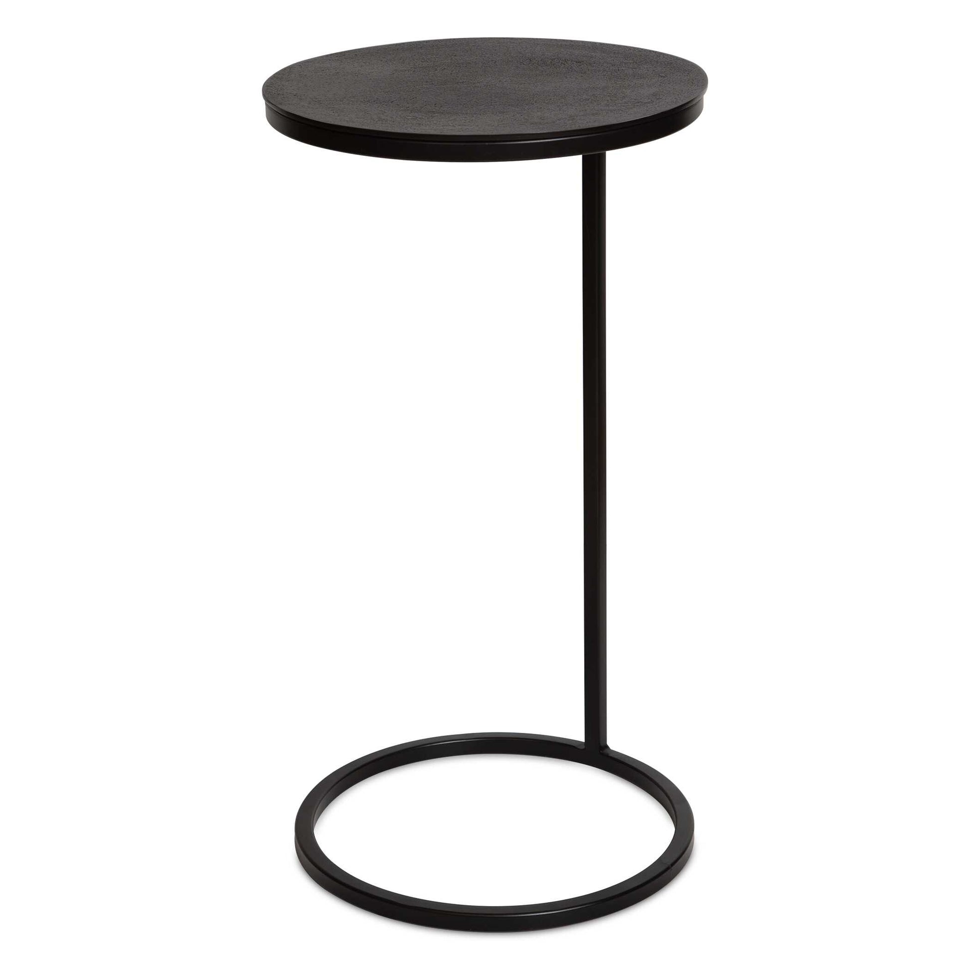 Modern And Streamlined, This Round Accent Table Is Constructed In An Aged Black Iron Featuring A Cast Textured Aluminum Slab Top Finished In A Plated Antique Bronze.
