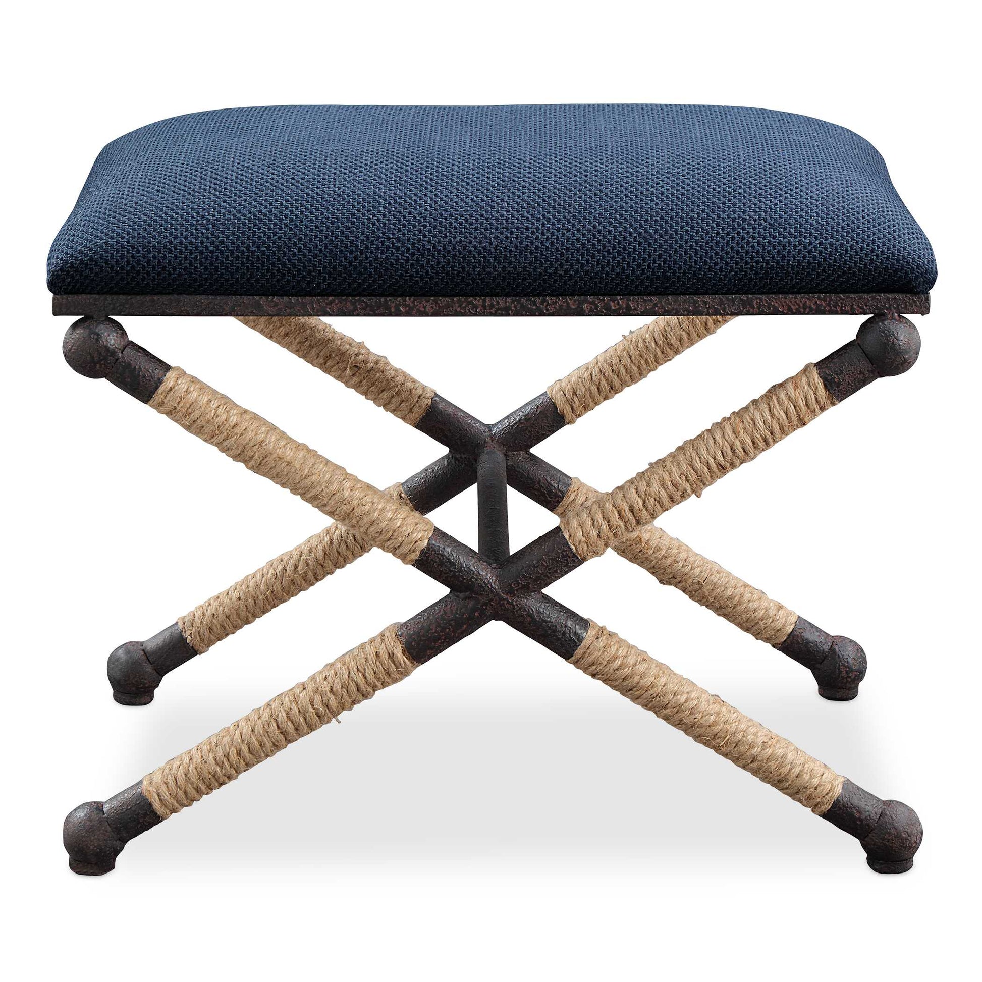Rustic Iron Frame With A Nautical Touch, Wrapped In Natural Fiber Rope Accents. Cushioned Top Is A Cotton Blend In A Rich Textured Navy Blue.