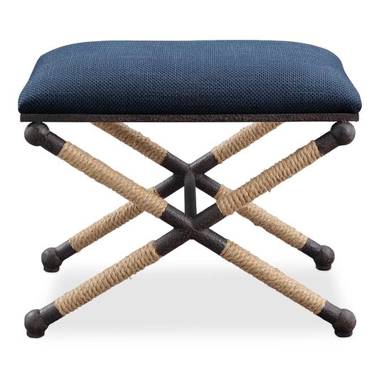 Rustic Iron Frame With A Nautical Touch, Wrapped In Natural Fiber Rope Accents. Cushioned Top Is A Cotton Blend In A Rich Textured Navy Blue.