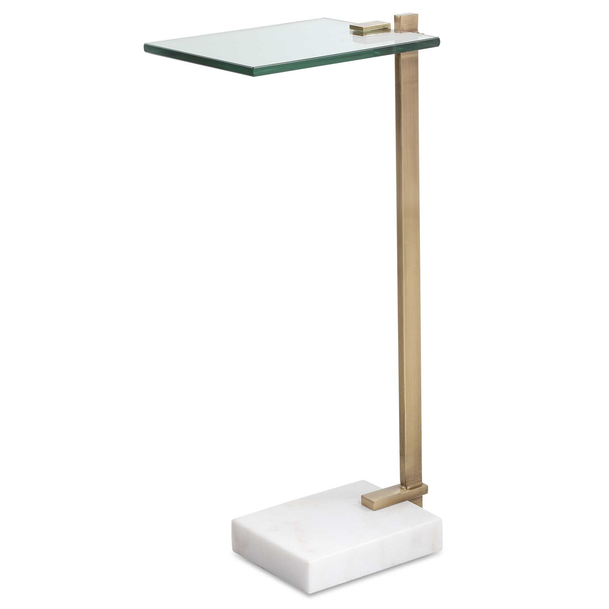 This Perfect Pull-up Table Pairs An Updated Design With Timeless Finishes. The Tempered Glass Top Is Supported By A Brushed Brass Plated Stainless Steel Base  Accented By An Elegant White Marble Foot With Natural Veining.