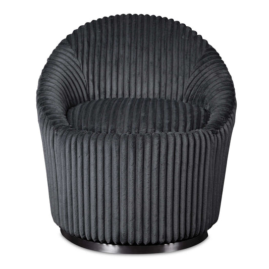 A Contemporary Accent With A Modern Edge, This Chair Is Upholstered In A Luxurious Fluted Gunmetal Chenille Fabric And Is Accented By A Stainless Steel Swivel Base Finished In Brushed Nickel.