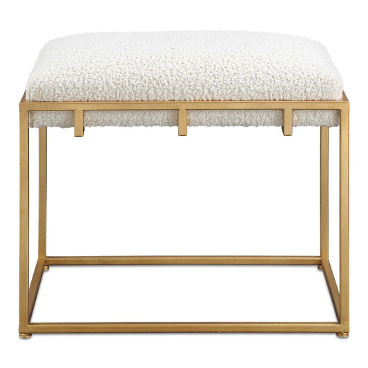 A Glamorous Accent, This Small Bench Features An Upscale Gold Leafed Iron Frame Paired With A Plush Upholstered Seat In A White Faux Shearling.