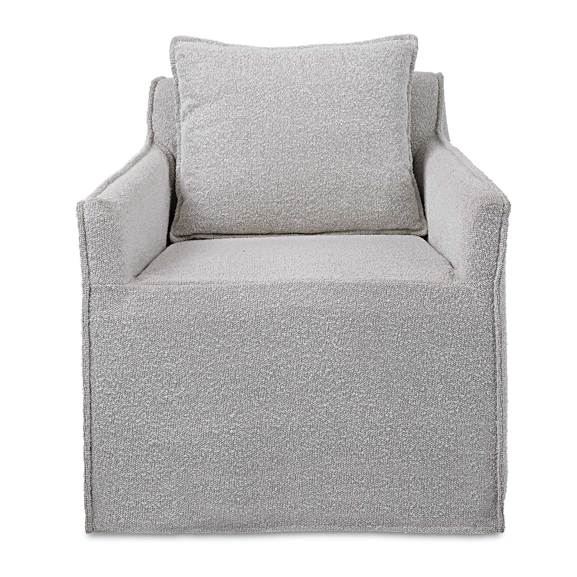 Casual Swivel Accent Chair Features A Tailored Slipcover Made From Ivory And Light Gray Boucle Fabric With Flanged Edges And A Matching Square Pillow. The Hardwood Swivel Base Is Finished In A Natural Ceruse.