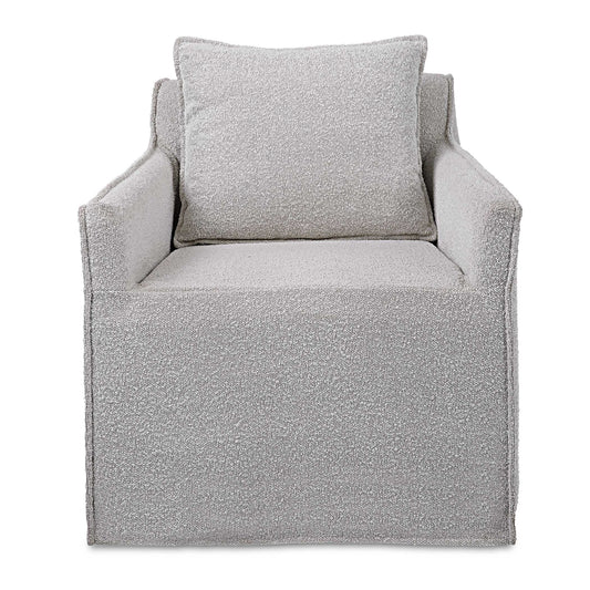 Casual Swivel Accent Chair Features A Tailored Slipcover Made From Ivory And Light Gray Boucle Fabric With Flanged Edges And A Matching Square Pillow. The Hardwood Swivel Base Is Finished In A Natural Ceruse.