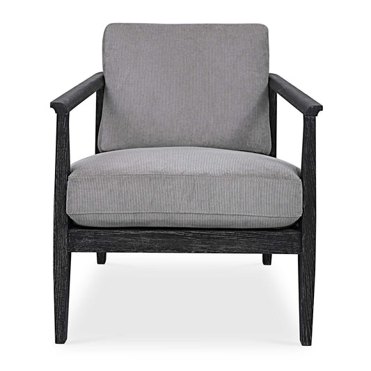 This Refreshing Take On A Modern Accent Chair Features A Curved Open Back Design In Solid Oak Wood. The Dark Ebony Stain Has A Light Gray Glaze Enhancing The Wood Grain. Loose Seat And Back Cushions Are Tailored In A Plush Polyester Channeled Fabric In Steel Gray.