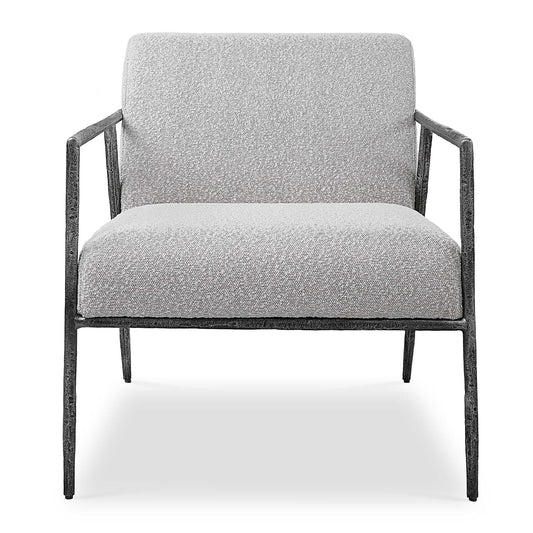 With Clean Contemporary Lines, This Open Frame Design Features A Textured Cast Iron Frame In A Natural Distressed Charcoal Finish. Paired With A Tight Upholstered Seat In A Casual Ivory And Light Gray Boucle Fabric.
