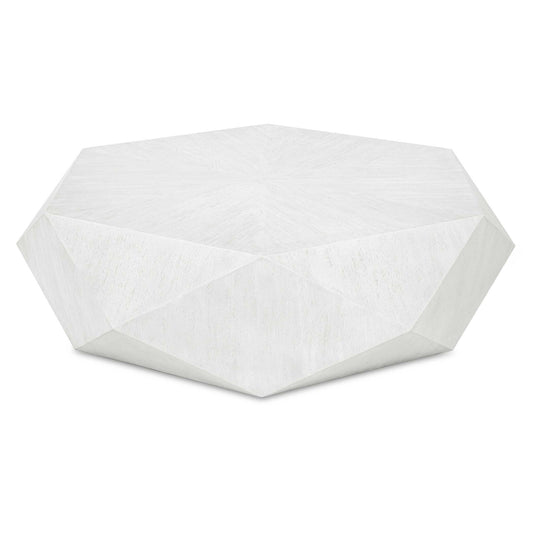 This Unique Geometric Coffee Table Features A Low Profile, Perfect For Viewing The Sunburst Top In Mango Veneer In A Fresh White Ceruse Finish.