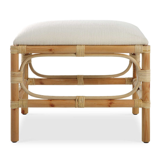 A Refreshing Coastal Accent Featuring A Crisp White Textured Fabric, Over A Naturally Finished Solid Wood Base With Rattan Wrapped Accents. Perfect Doubled Up At The Foot Of A Bed Or Under A Console Table.
