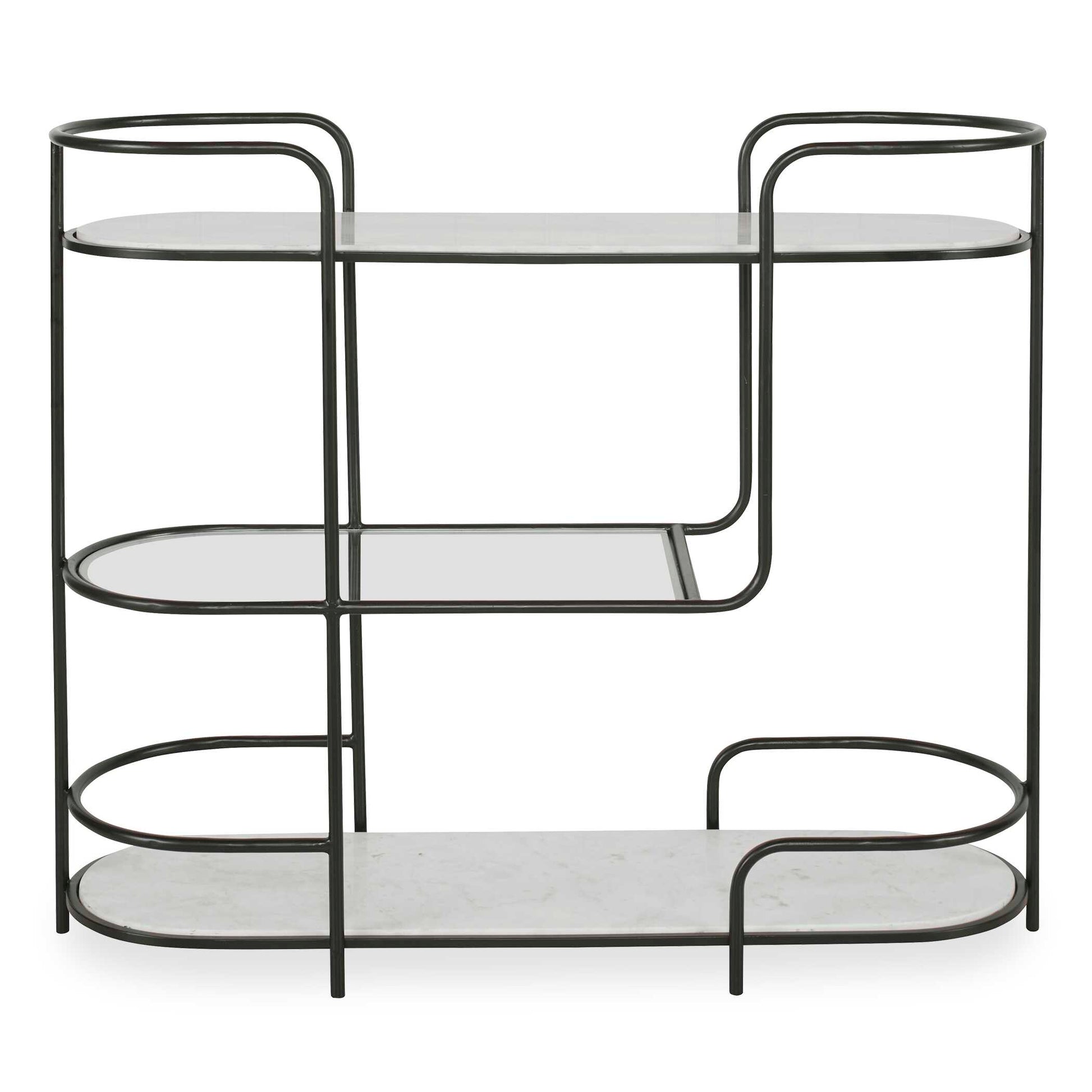 Inspired By A Mix Of Classic Mod Design And Contemporary Styling, This Multifunctional Piece Can Serve As A Bar, Server, Or Console Table. The Curved Iron Frame Is Finished In Satin Black, Accented By White Marble And Tempered Glass Shelving. Because Of The Natural Characteristics Of Marble, Each Piece Will Have Unique Veining Patterns.