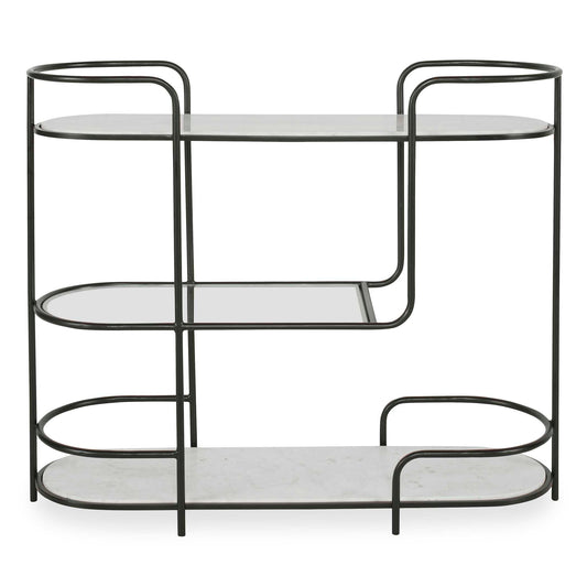 Inspired By A Mix Of Classic Mod Design And Contemporary Styling, This Multifunctional Piece Can Serve As A Bar, Server, Or Console Table. The Curved Iron Frame Is Finished In Satin Black, Accented By White Marble And Tempered Glass Shelving. Because Of The Natural Characteristics Of Marble, Each Piece Will Have Unique Veining Patterns.