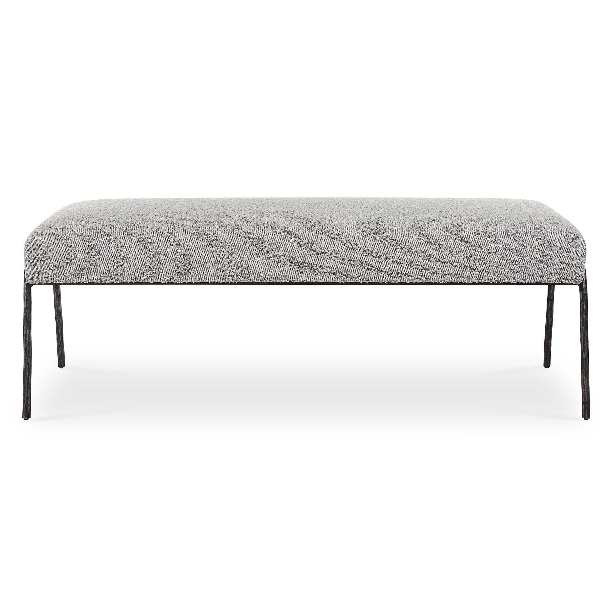 Inspired By Scandinavian Designs, This Bench Showcases Elegant Curved Lines With A Chiseled Iron Frame In A Natural Aged Black Iron Finish. A Casual Ivory And Warm Gray Textured Boucle Fabric Accents This Modern Look.