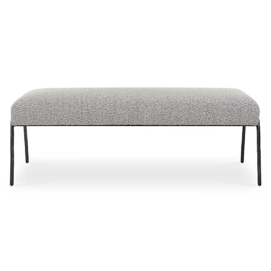 Inspired By Scandinavian Designs, This Bench Showcases Elegant Curved Lines With A Chiseled Iron Frame In A Natural Aged Black Iron Finish. A Casual Ivory And Warm Gray Textured Boucle Fabric Accents This Modern Look.