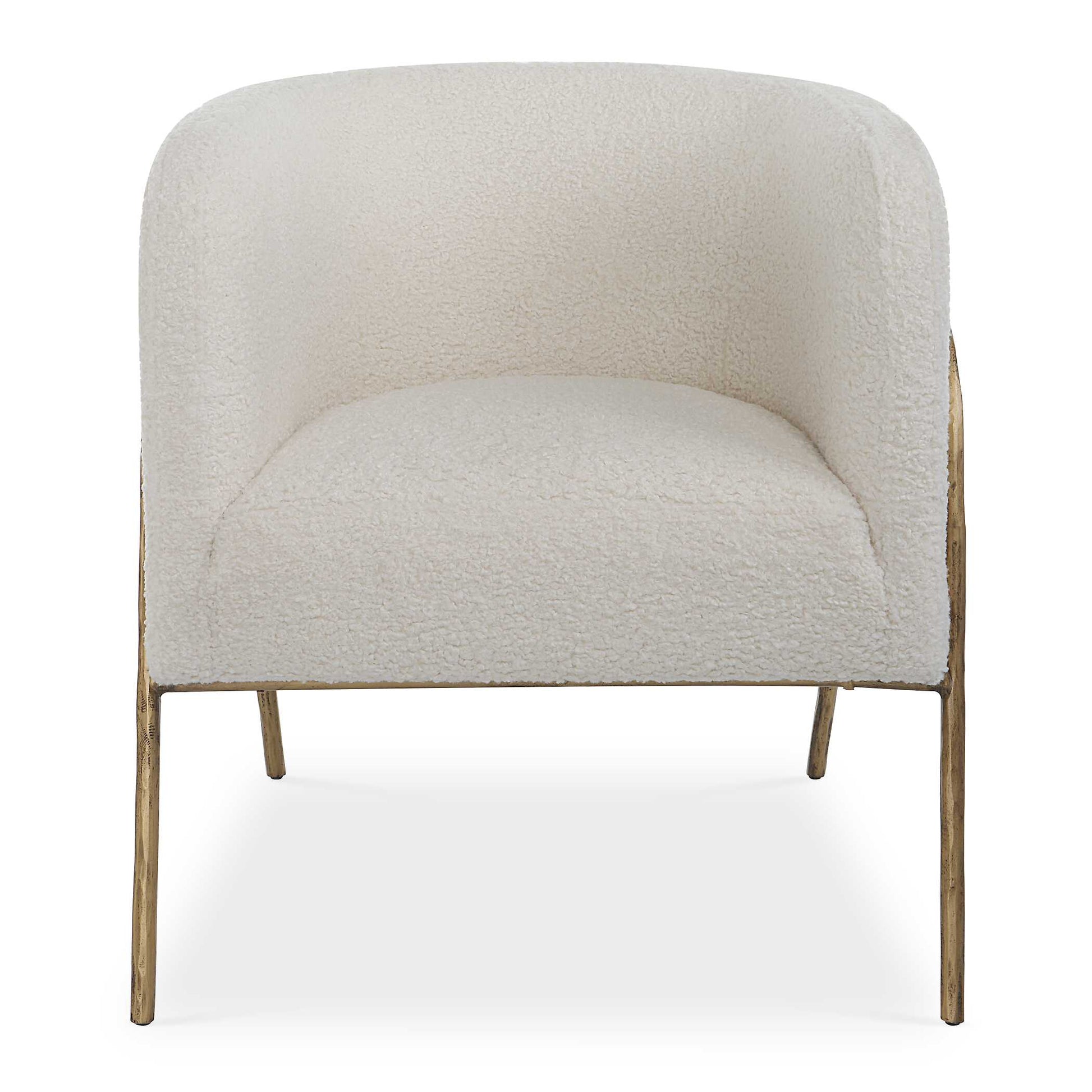 Inspired By Scandinavian Designs, This Barrel Back Style Chair Showcases 
Elegant Off White Faux Shearling Nestled In A Curved Chiseled Iron Frame Finished In Aged Gold.
