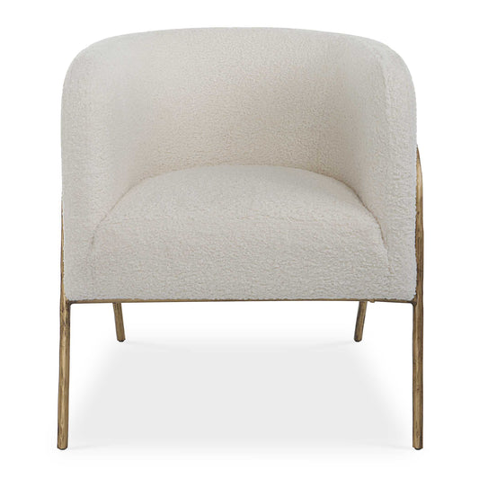 Inspired By Scandinavian Designs, This Barrel Back Style Chair Showcases 
Elegant Off White Faux Shearling Nestled In A Curved Chiseled Iron Frame Finished In Aged Gold.