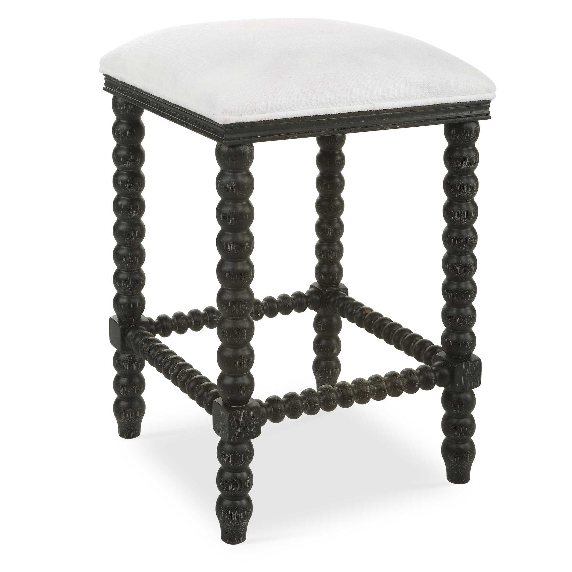 A Stylish And Classic Counter Stool Featuring Spindle Turned Legs And Carved Trim Finished In A Stylish Black Ceruse Stain. Plush Seat Is Tailored In A Crisp White Performance Fabric.